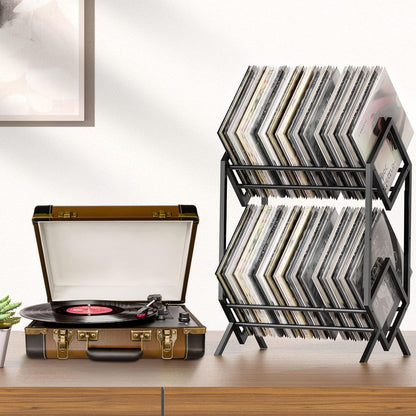 2-Tier-Vinyl-Record-Storage-Holder with Dividers, 200 Lps Albums Storage Rack Shelf, Steel Music Records Display Shelf Organizer for Book, Magazine, Files,Matte Black