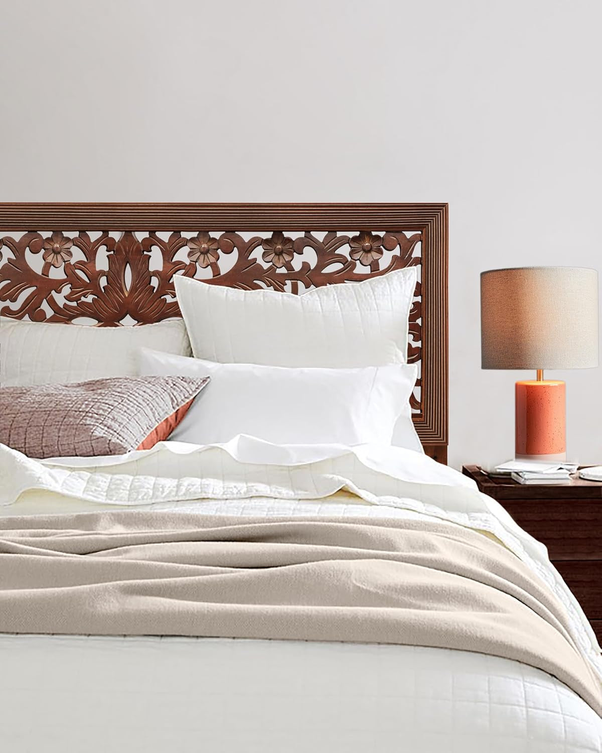 Solid Wood Sturdy Queen Headboard - Compatible with All Bed Frame - Intricate Hand Carved Rajasthan Motif - Bohemian Transitional - Beautiful for Any Bedroom - Rustic Antique Brown