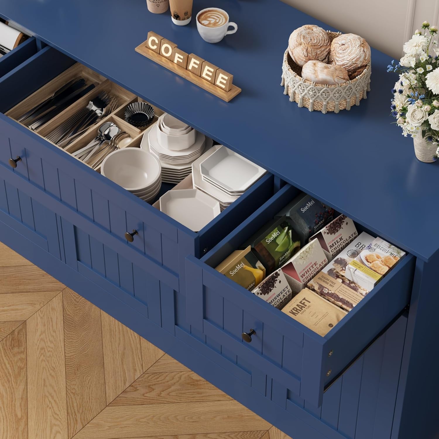 55" Sideboard Buffet Cabinet with Storage, Modern Kitchen Buffet Storage Cabinet with Drawers, Wood Coffee Bar with Adjustable Shelves, Large Sideboard for Kitchen, Living Room, Blue