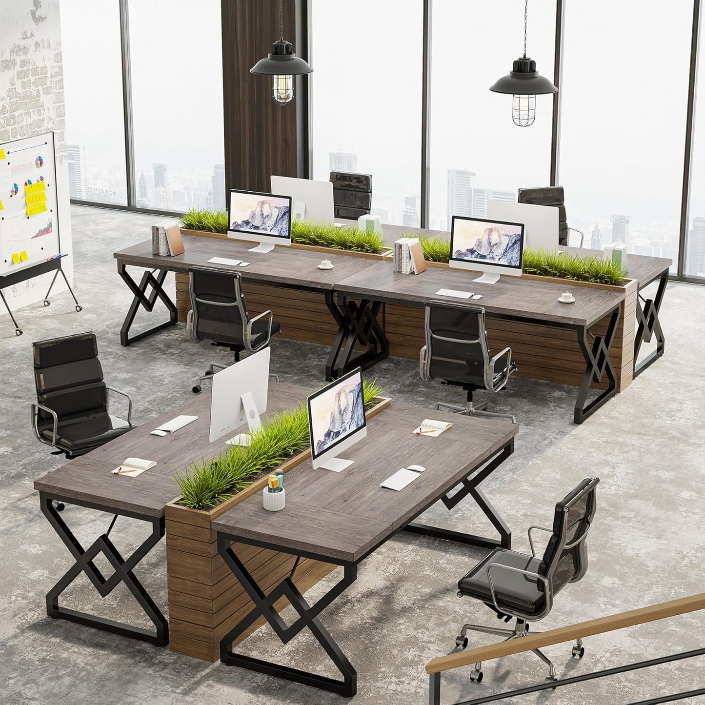 63 Inch Executive Desk, Large Office Computer Desk with Extra Thick Wooden Tabletop and Metal Frame, Modern Simple Workstation Writing Table Study Desk for Home Office, Gray