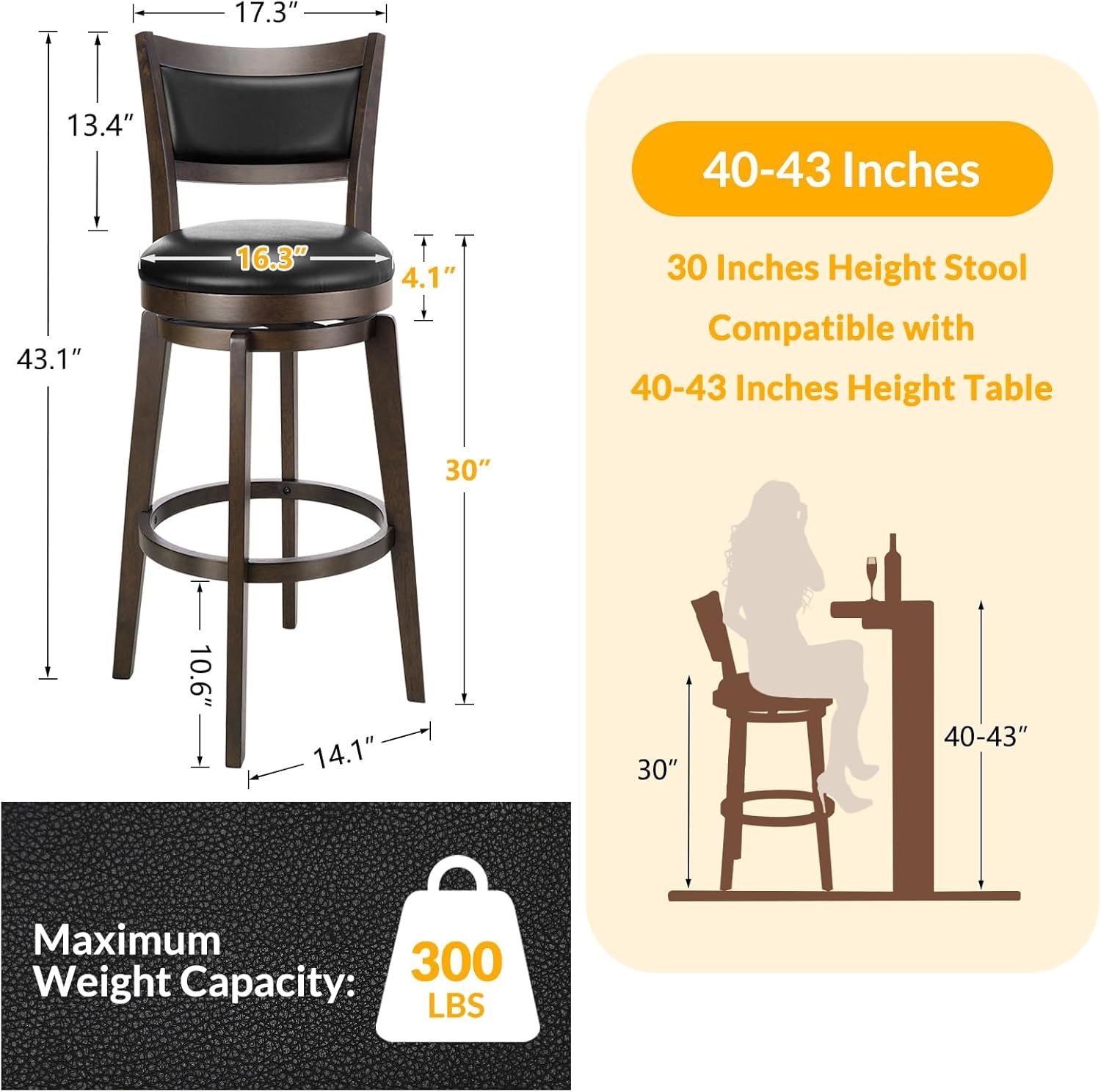 Swivel Bar Stools Set of 2, 30 Inch Bar Height Barstools, Black Faux Leather Bar Stool with High Backrest & Solid Wood Legs & Wrap-Around Footrest, Counter Stools for Kitchen Island, Pub
