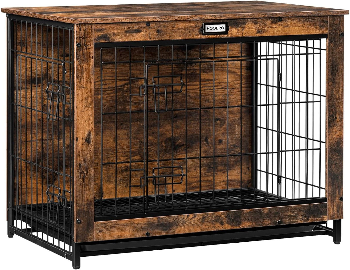 Dog Crate Furniture, 32.5" Medium Dog Kennel Indoor, Wooden Cage with Pull-Out Tray, Double Doors Pet House Side End Table for Medium/Small Dogs, Rustic Brown BF802GW03G1