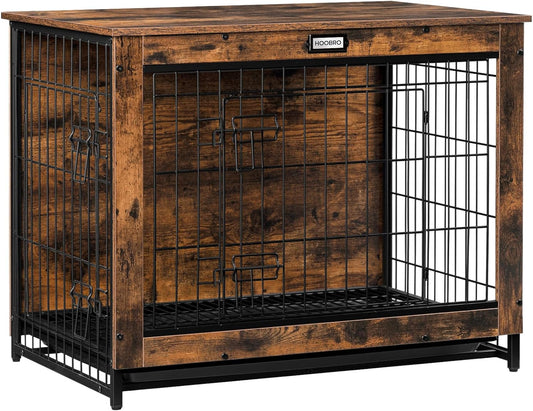 Dog Crate Furniture, 32.5" Medium Dog Kennel Indoor, Wooden Cage with Pull-Out Tray, Double Doors Pet House Side End Table for Medium/Small Dogs, Rustic Brown BF802GW03G1