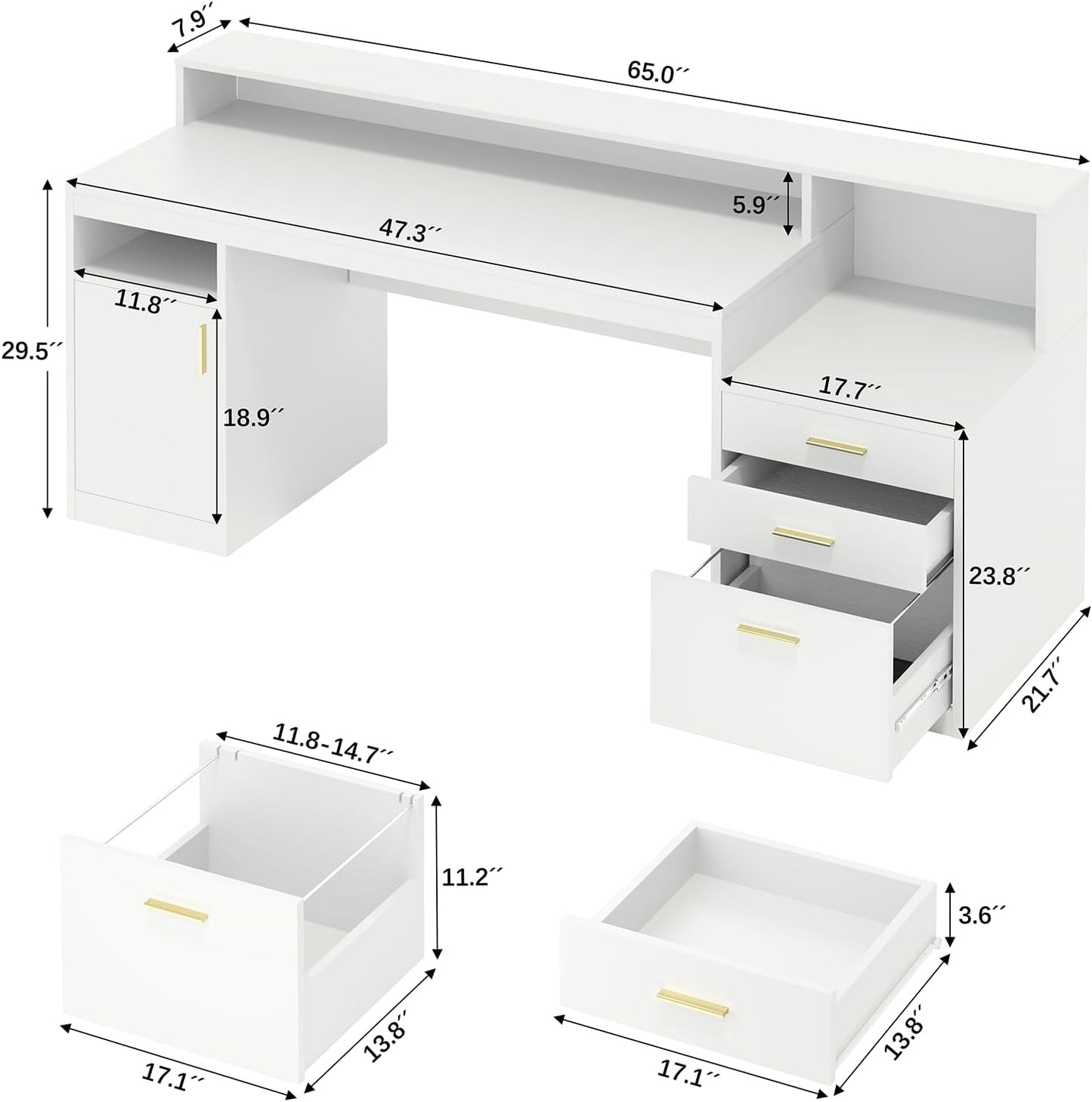 Computer Desk with 3 Drawer & Storage Shelves, Home Office Desk with File Drawer & Cabinet, Writing Study Table with Long Monitor Stand & Printer Shelf, Executive Desk, White