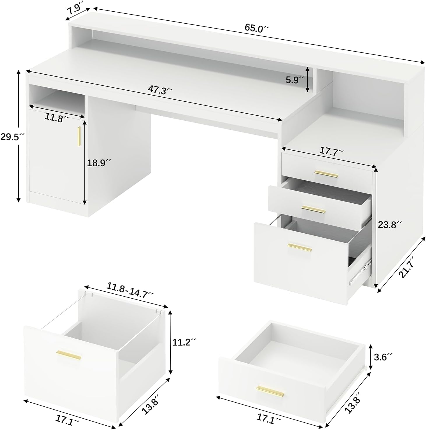 Computer Desk with 3 Drawer & Storage Shelves, Home Office Desk with File Drawer & Cabinet, Writing Study Table with Long Monitor Stand & Printer Shelf, Executive Desk, White