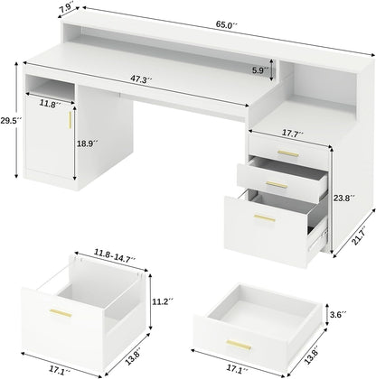 Computer Desk with 3 Drawer & Storage Shelves, Home Office Desk with File Drawer & Cabinet, Writing Study Table with Long Monitor Stand & Printer Shelf, Executive Desk, White
