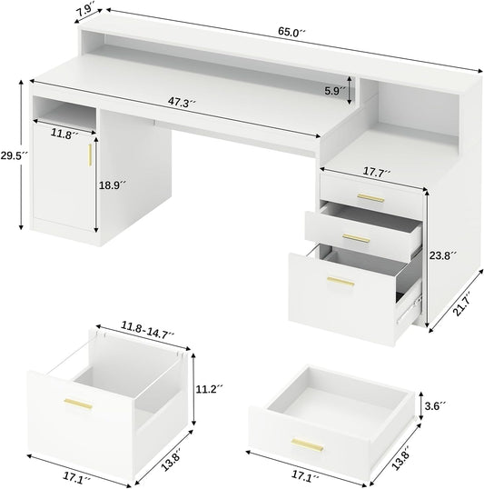Computer Desk with 3 Drawer & Storage Shelves, Home Office Desk with File Drawer & Cabinet, Writing Study Table with Long Monitor Stand & Printer Shelf, Executive Desk, White