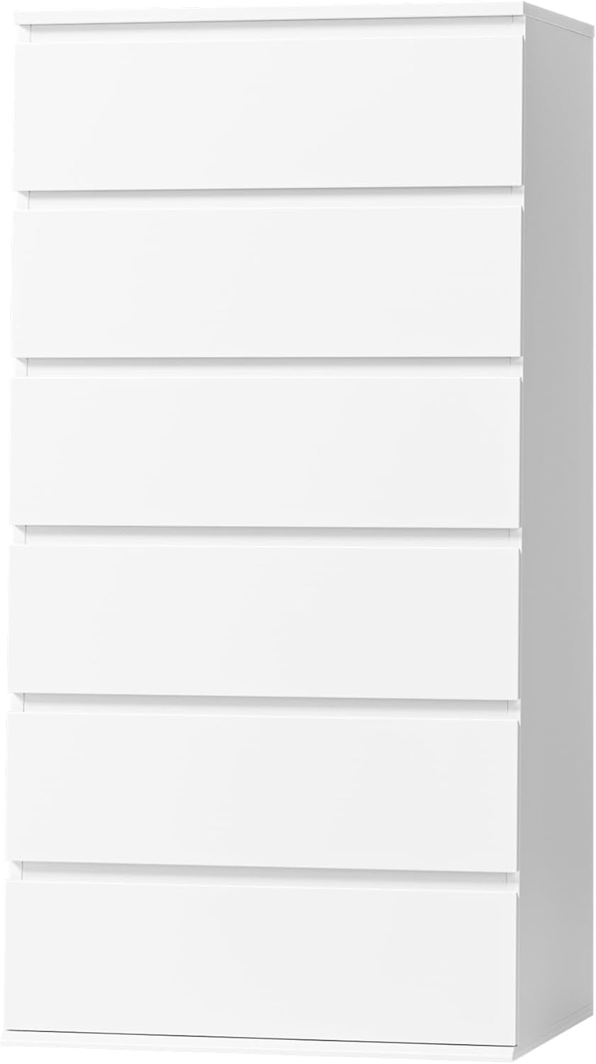 White Dresser, 6 Drawer Dresser, Modern Tall Floor Storage Cabinet with Metal Sliding Rail, Wooden Handleless Drawer Cabinet, 6-Layer Large Capacity Vertical Dressers for Home & Office