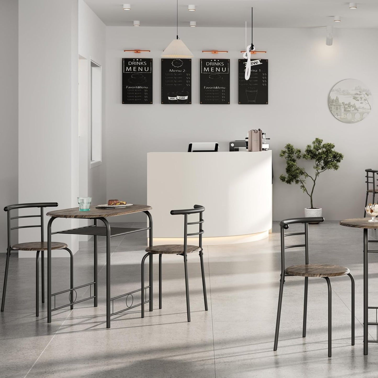 3 Piece Dining Table Set, Kitchen Table & Chair Sets for 2, Compact Bistro Table Set with Steel Legs, Built-In Wine Rack for Small Space, Apartment, Breakfast Nook, Drift Brown