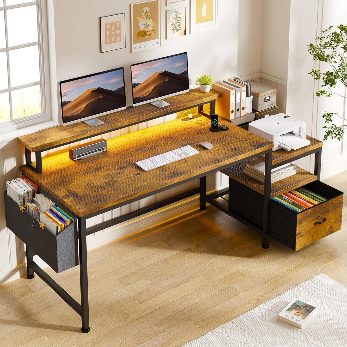 57" Office Desk with Drawers and Printer Space,Computer Desk with Power Outlets,Home Office Desks with File Drawers Cabinet,Study and Gaming Desk with Shelves Monitor Stand,Rustic Brown
