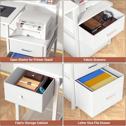 Computer Desk with 3 Drawers, Home Office Desk with File Drawer & Power Outlet, 59'' Gaming Desk with Led Lights, Long Work Desk with Storage Shelves, Printer Cabinet and Monitor Shelf, White