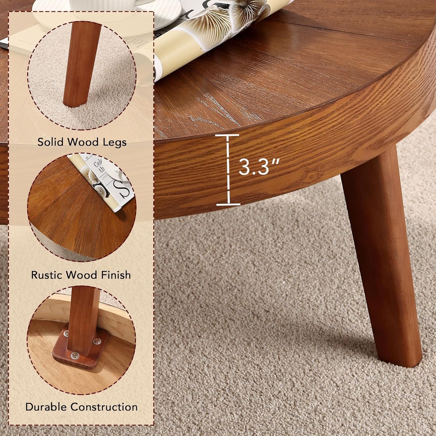 Farmhouse round Coffee Table Set of 3, Boho Sofa Side Nesting Tables End Table Set with Wood Natural Finish for Living Room, Bedroom, Home Office,Brown