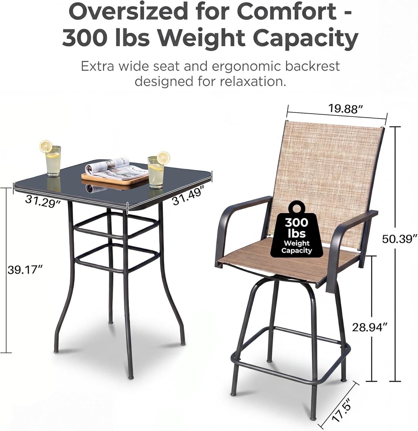 3-Piece Patio Bar Set, High Top Table & 2 Swivel Bar Stools with Textilene Fabric, Outdoor Bistro Furniture for Balcony, Backyard, Poolside (Brown)