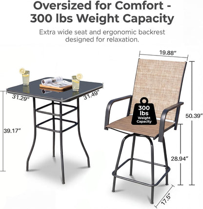 3-Piece Patio Bar Set, High Top Table & 2 Swivel Bar Stools with Textilene Fabric, Outdoor Bistro Furniture for Balcony, Backyard, Poolside (Brown)