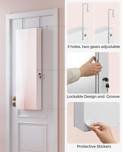 Mirror Jewelry Cabinet Armoire Organizer, Wall or Door Mount Storage Cabinet with Full-Length Frameless Lighted Mirror, Built-In Makeup Mirror, 2 Drawers, Lockable, White UJJC013W01