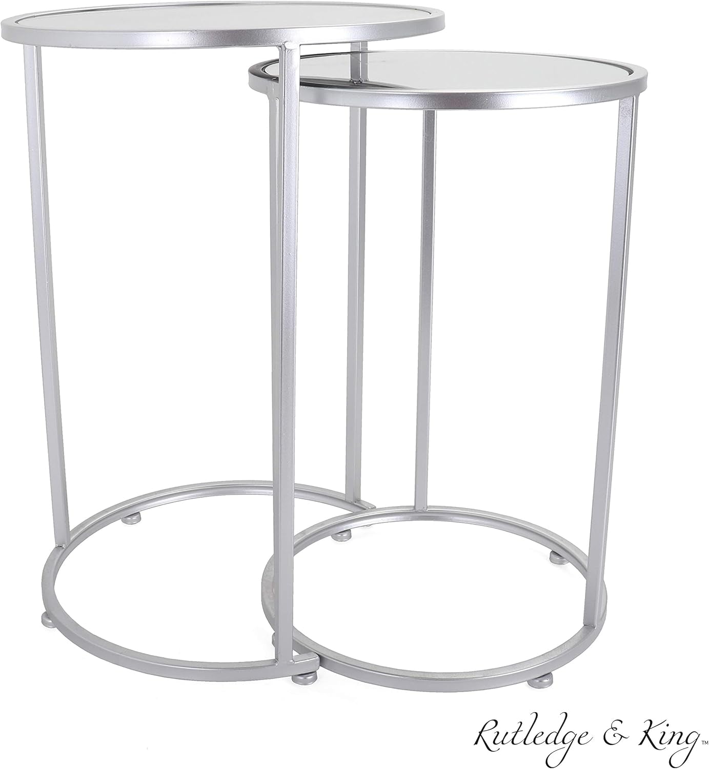 round End Table Set - Silver End Tables with Mirrored Tops - Nesting round Accent Tables - Silver and Mirrored Metal Side Tables Odessa End Table Set