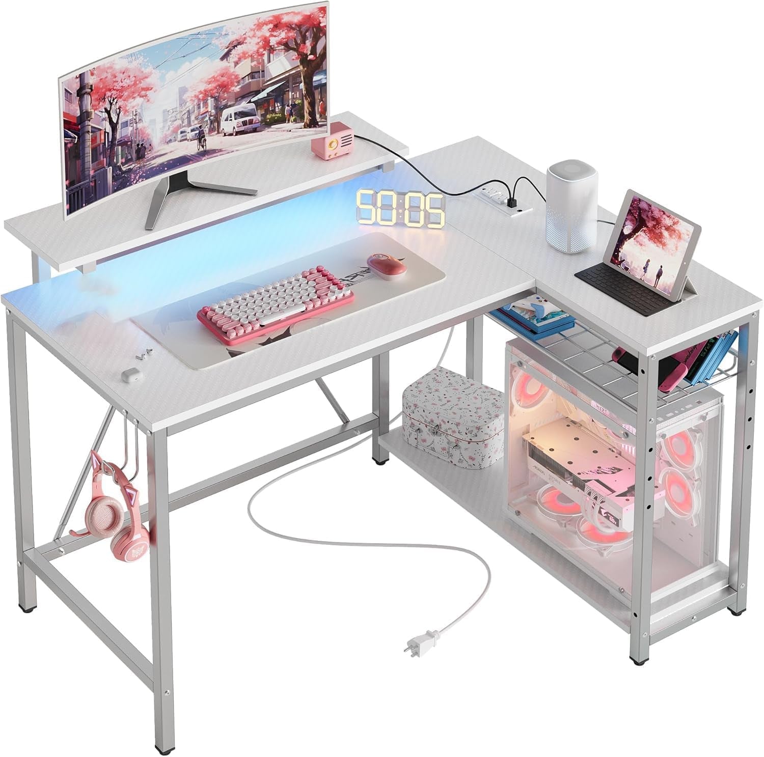 White Computer Desk with Charging Port & LED Strip,42 Inch Modern Gaming Desk with Reversible Storage Shelves,Small L Shaped Desk with Hooks for Home Office