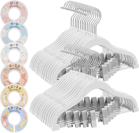 30 Packs Baby Pants Hangers with Clips, Kids Hangers with 6 Clothes Dividers, Non-Slip Children’S Clothes Hanger, White UCRF013W30