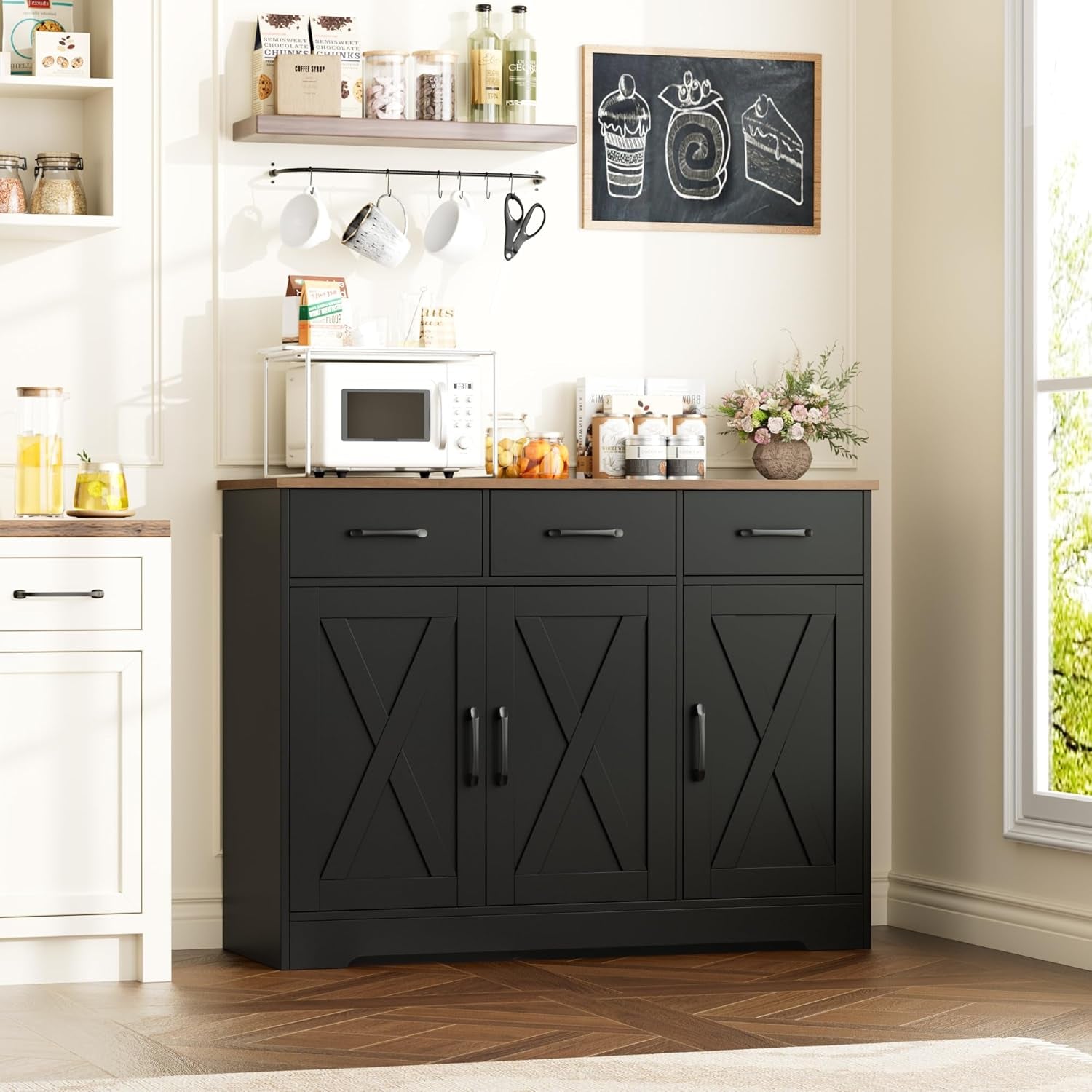 Modern Farmhouse Buffet Sideboard Cabinet, Barn Doors Storage Cabinet with Drawers and Shelves, Wood Coffee Bar with Storage for Dining Room, Kitchen, Living Room, Black/Rustic Brown