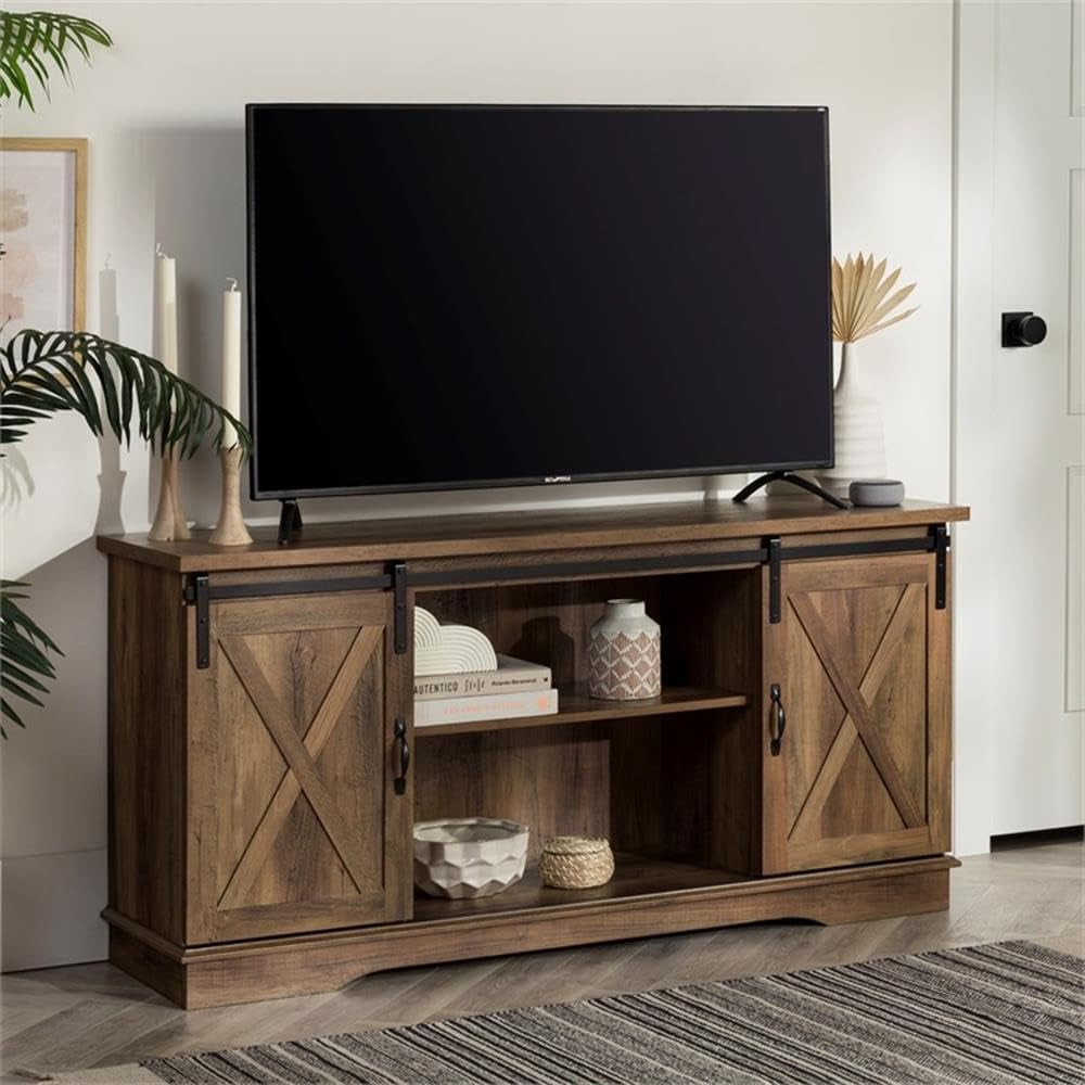 Richmond Modern Farmhouse Sliding Barn Door Stand for Tvs up to 65 Inches, without Fireplace, Rustic Oak