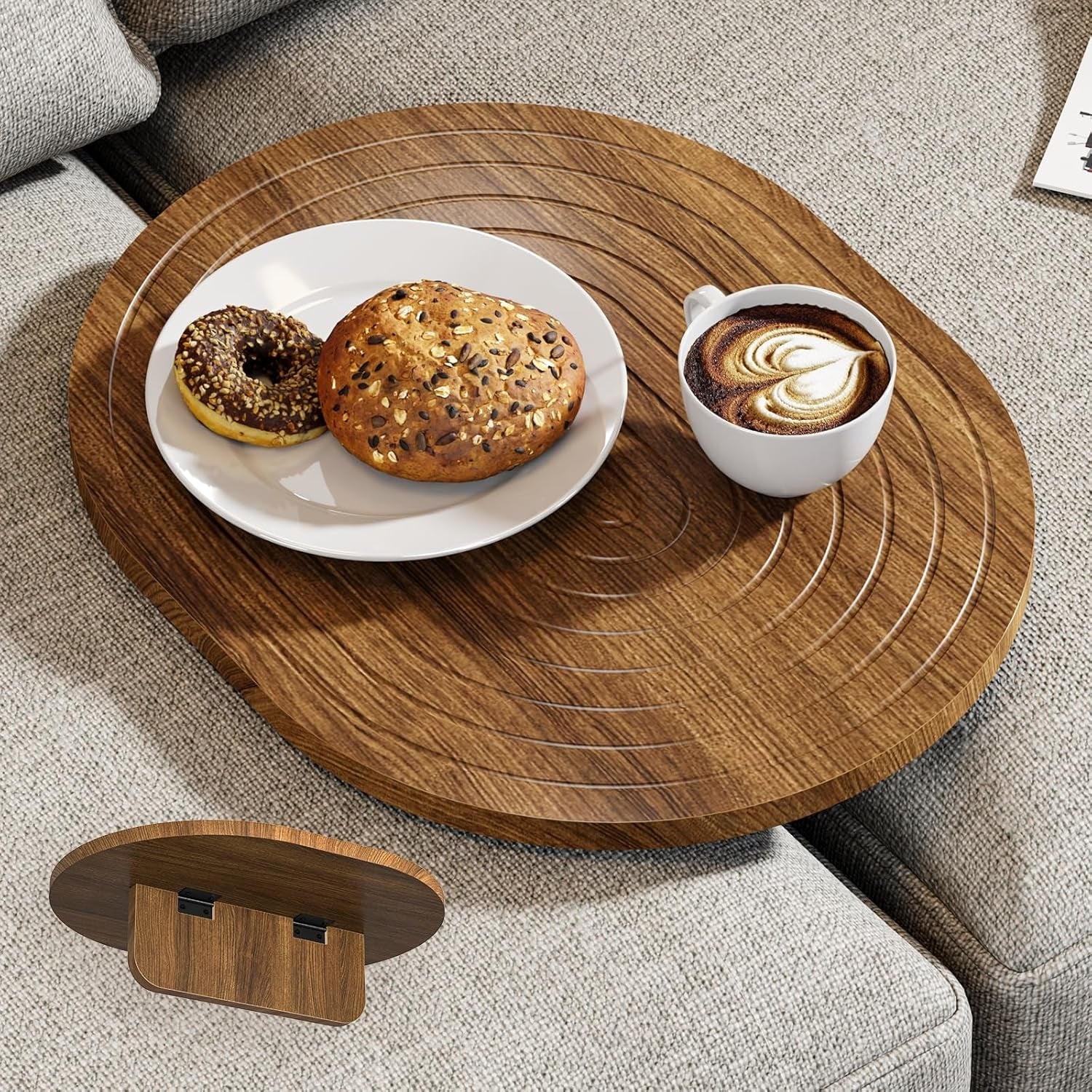 Couch Tray Insert for Middle, 15.75"X12.6" Wood Sofa Tray, Folding Couch Armrest Table Fit Armless Couch/Sectional, for Drink Snacks Phone Remote Holder, Walnut
