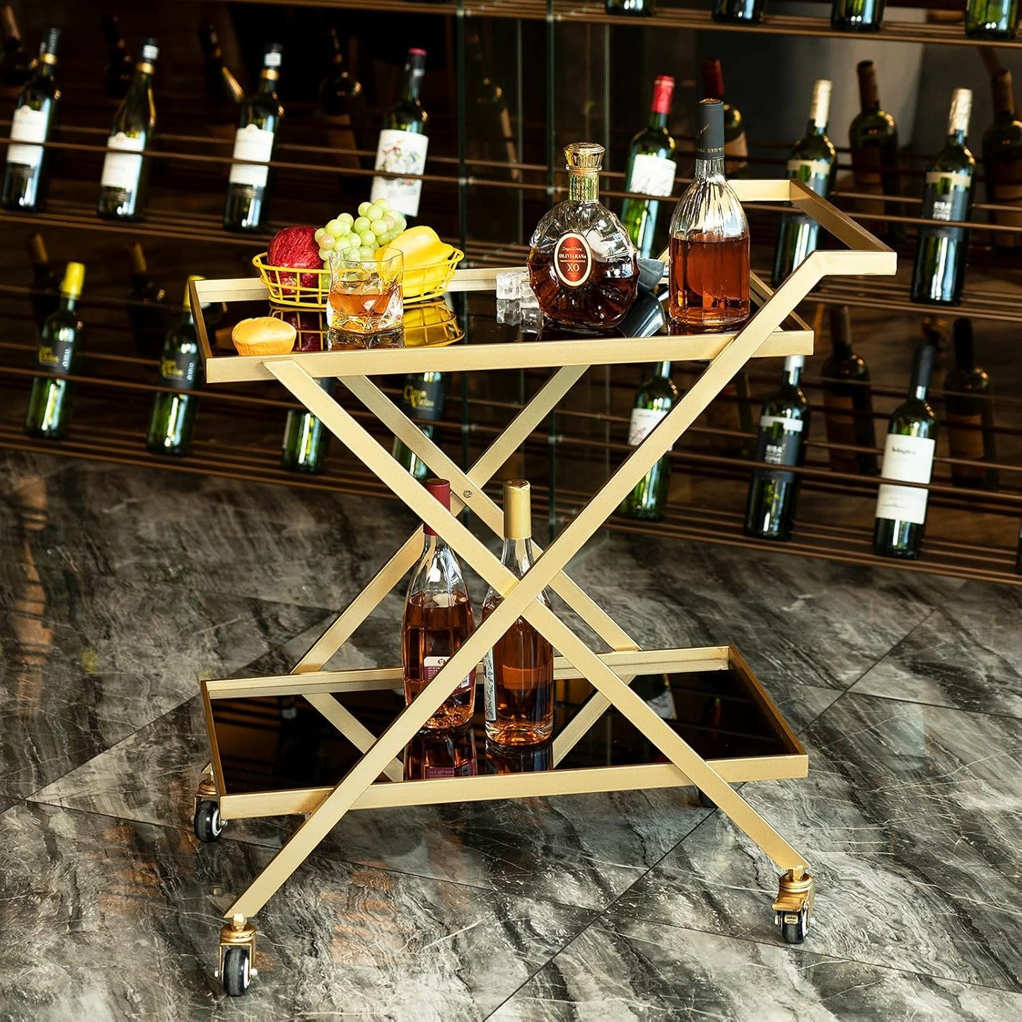 Gold Bar Cart - No Screws Assembly, 2-Tier Snack Cart with 2 Black Tempered Glass Shelves, Portable with 2 Lockable Wheels