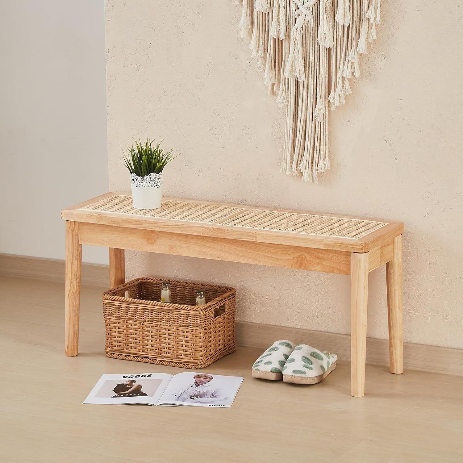 40" Wooden Dining Bench with Hand Woven Rattan Seat,Solid Wood Bench for Entryway,Living Room,Kitchen and Bedroom（Nature Wood，18" H