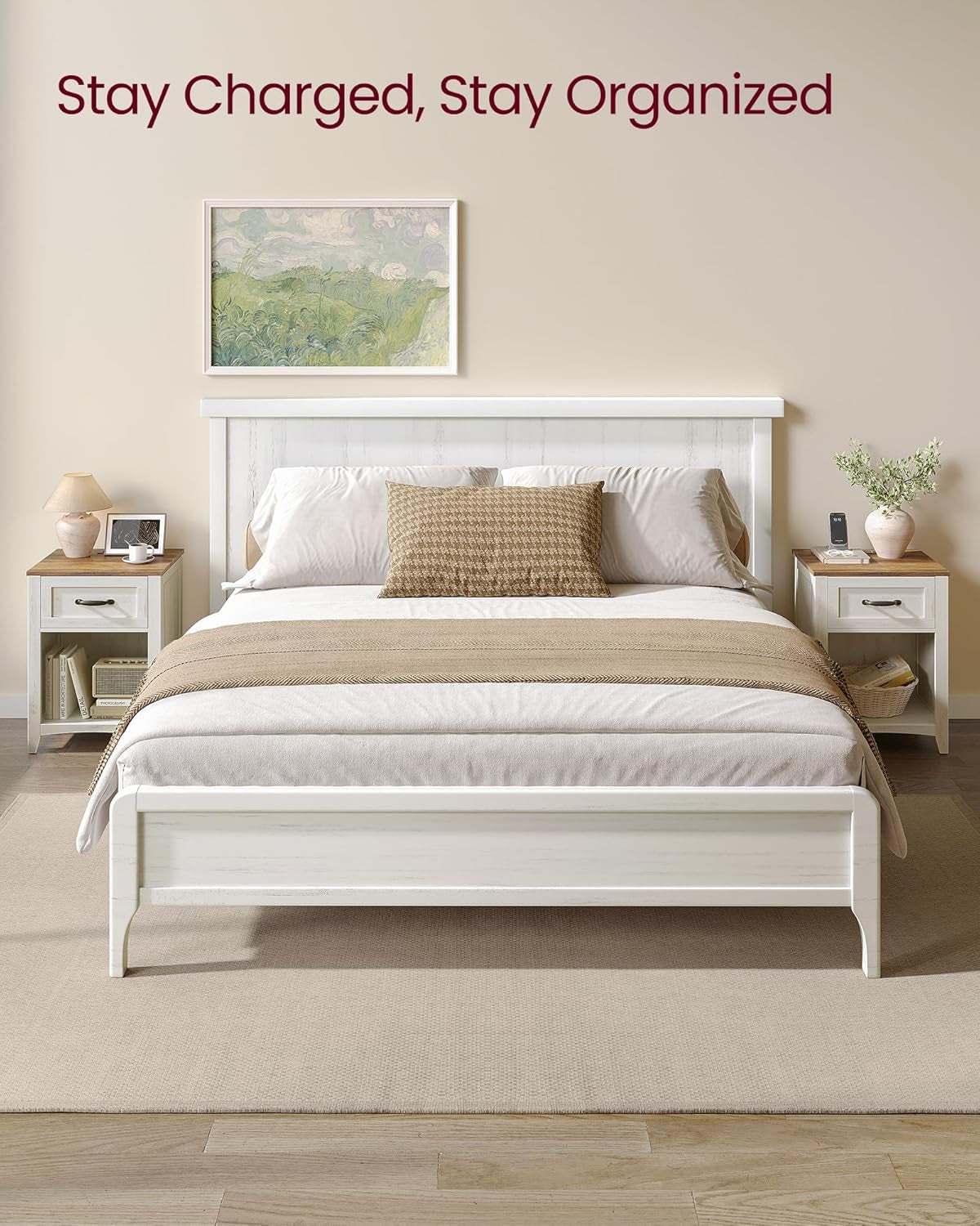 LIRY Collection - Farmhouse Nightstand with Charging Station, Bedside Table, Side Table with 2 Drawers, Open Compartment, for Bedroom, Misty Gray ULET669G01