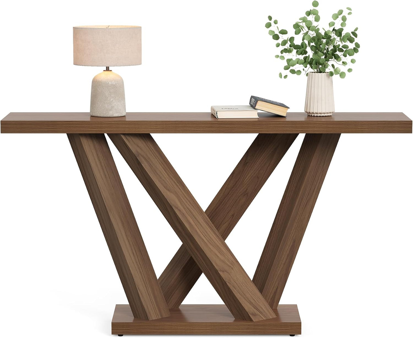 63-Inch Console Table with Geometric Base, Modern Long Narrow Accent Sofa Table behind the Couch, Wood Entryway Table for Hallway, Foyer, Living Room, Dark Brown