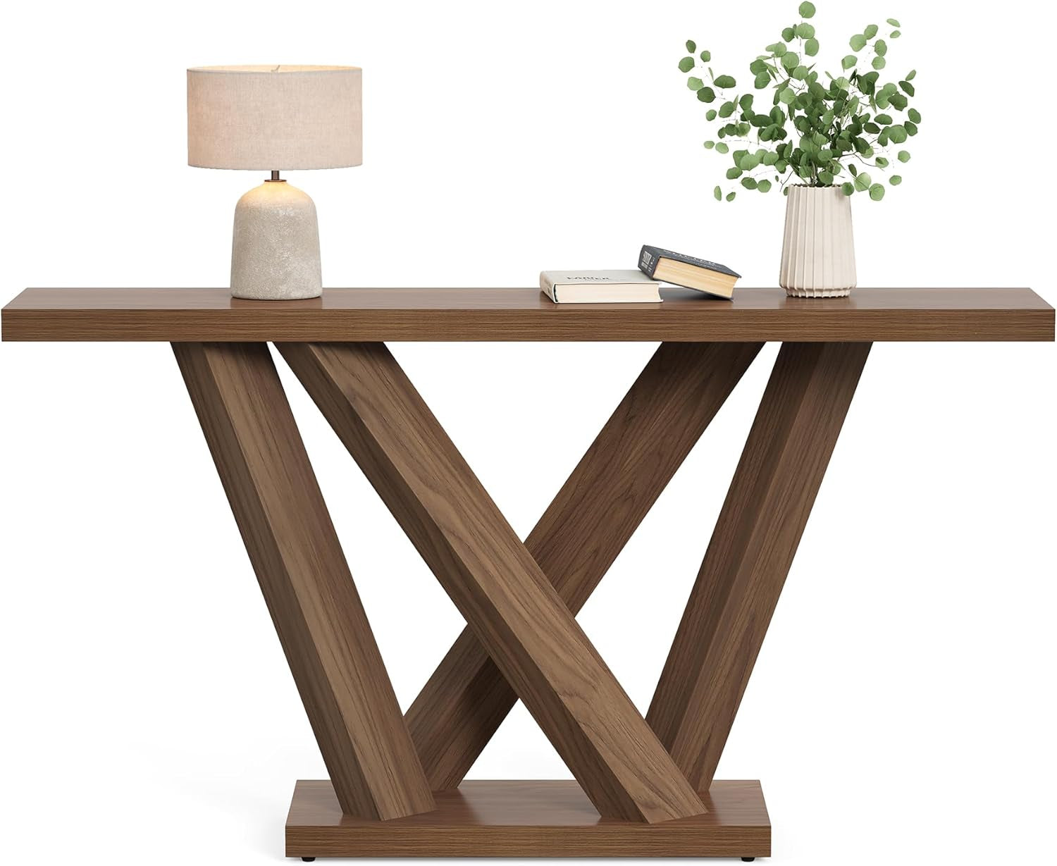 63-Inch Console Table with Geometric Base, Modern Long Narrow Accent Sofa Table behind the Couch, Wood Entryway Table for Hallway, Foyer, Living Room, Dark Brown