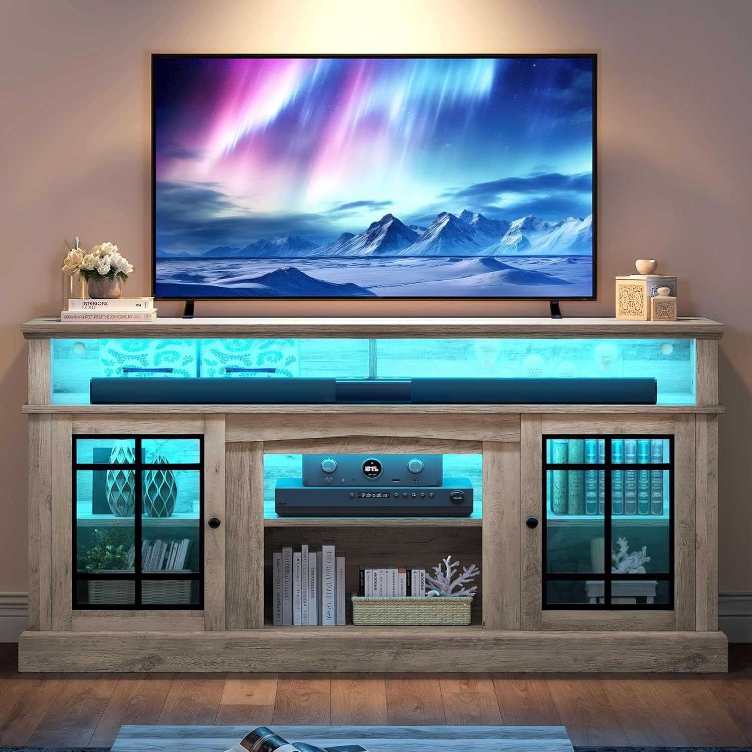 Modern TV Stand for 75 Inch TV, LED Entertainment Center with Adjustable Shelves and Glass Doors, 32'' Tall Television Stands TV Media Console Table for Living Room, Pine Grey