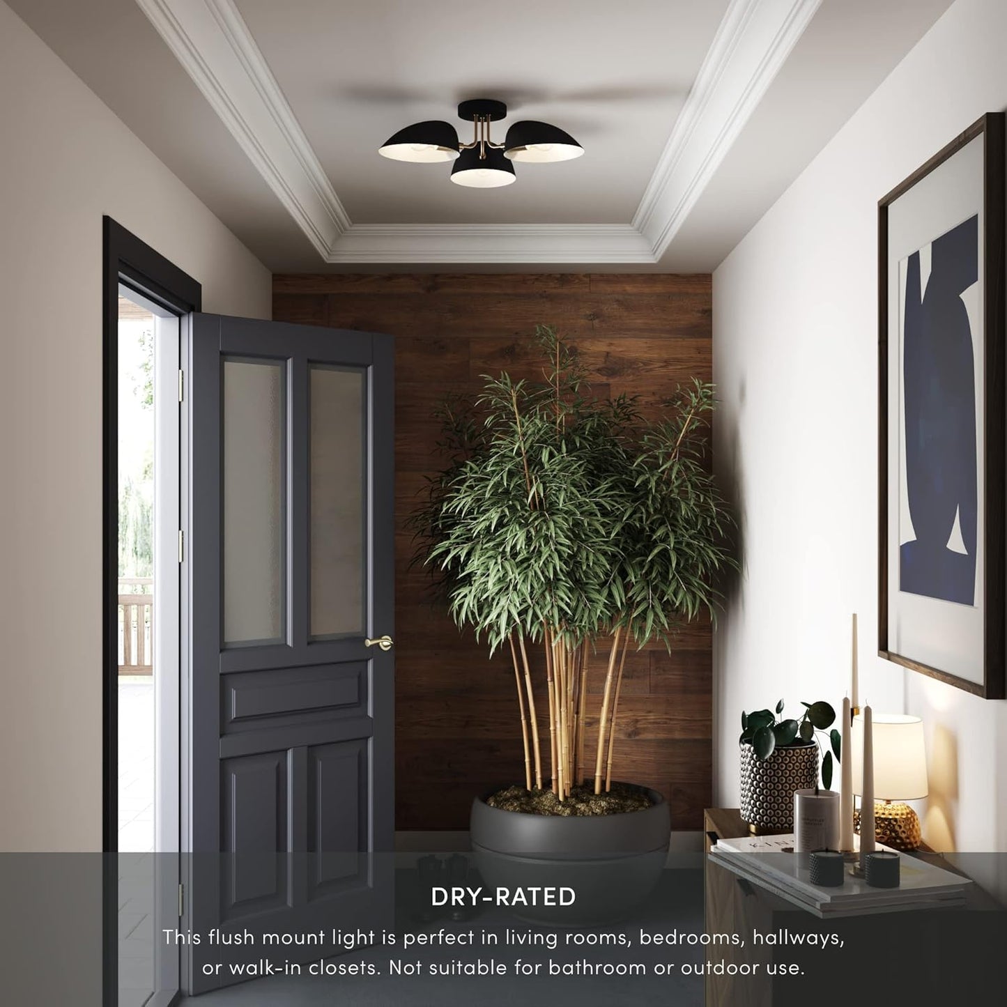 Argo Semi Mount Flush Ceiling Light, 3-Lights Modern Retro Lighting with Black Rounded Shades for Hallway, Dining Room and Bedroom, Brass Gold/Black