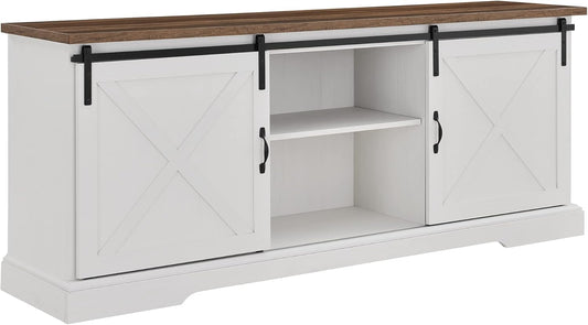 Corbin Modern Farmhouse Sliding X Barn Door TV Stand for Tvs up to 80 Inches, 70 Inch, Reclaimed Barnwood and Brushed White