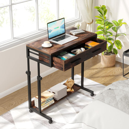 Portable Desk with Drawers, Mobile Laptop Desk with Wheels, Sofa Side Table Small Portable Standing Rolling Table for Home Office