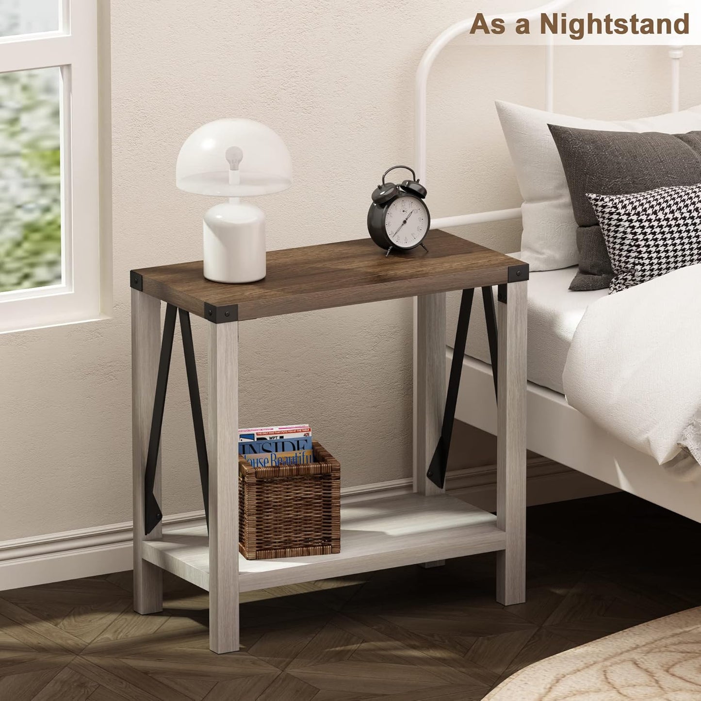 Farmhouse End Table for Small Spaces, Narrow Side End Table with Storage Shelf, Rustic A-Design Nightstand Sofa Table for Living Room, Bedroom (White & Brown)