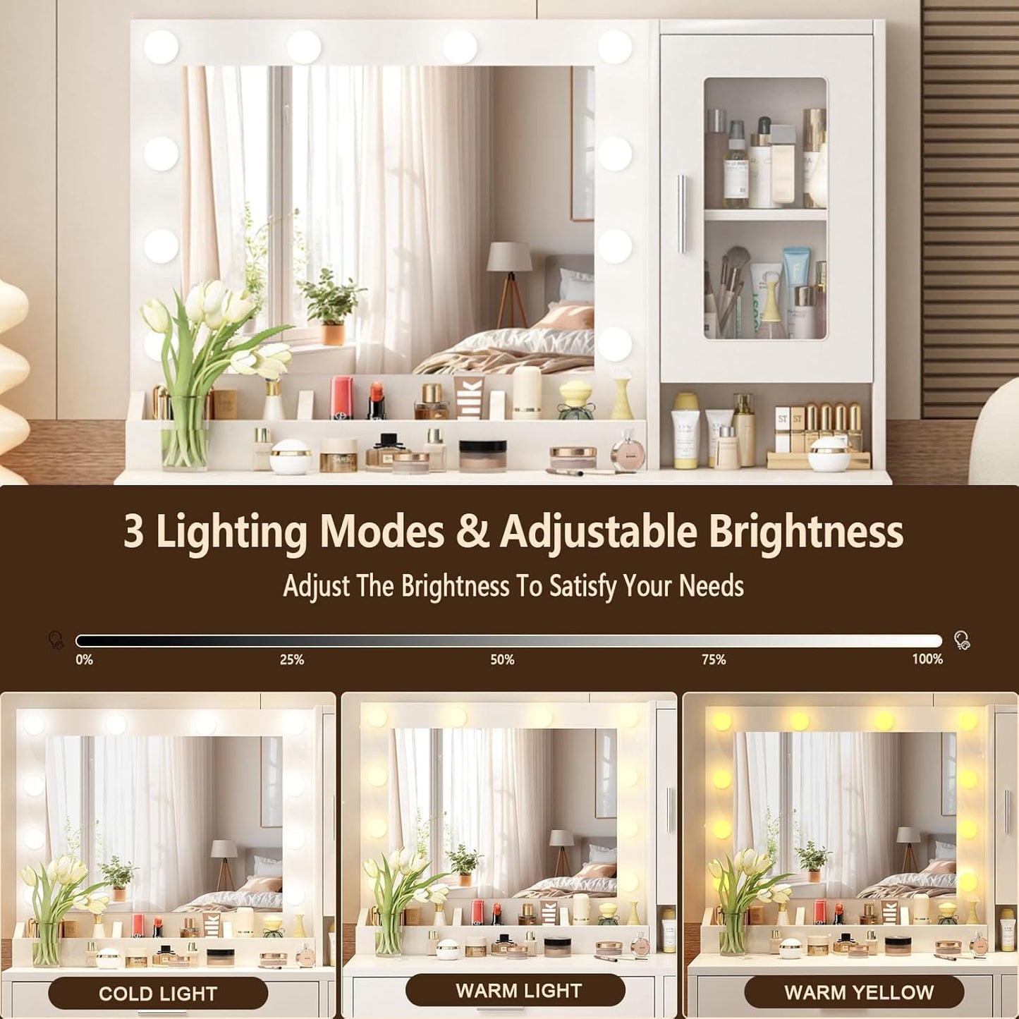 Makeup Vanity Desk Set with LED Lights Mirror Chair, Vanity Table with 7 Storage Shelves and 3 Drawers,3 Lighting Modes Adjustable Brightness Dressing Table for Bedroom,White