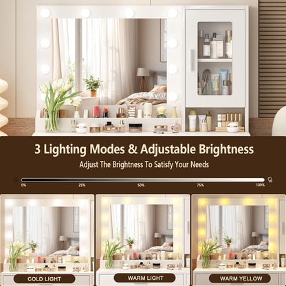 Makeup Vanity Desk Set with LED Lights Mirror Chair, Vanity Table with 7 Storage Shelves and 3 Drawers,3 Lighting Modes Adjustable Brightness Dressing Table for Bedroom,White
