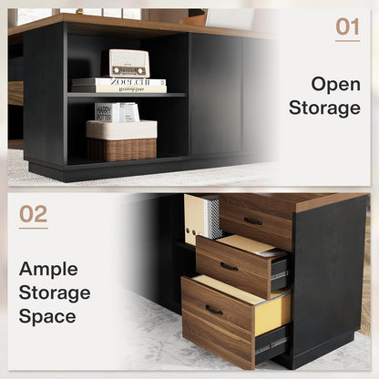 78" L-Shaped Executive Desk, Large Modern Office Desk with Drawers and File Cabinet, Business Furniture with Storage Shelves, Big Computer Desk for Home Office (Light Walnut + Black)