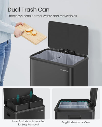 Trash Can, 2 X 8 Gallon (2 X 30 L) Double Garabge Can for Recycling and Waste, Stainless Steel, Soft-Close Lid, Inner Buckets, Wide Sturdy Pedal, Ink Black ULTB556B01