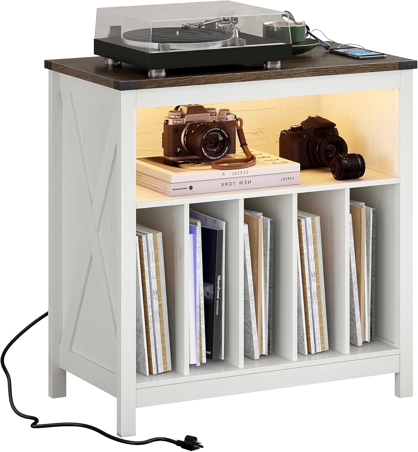 Large Record Player Stand with Charging Station & LED Light, Vinyl Record Holder Hold up to 300 Albums, Farmhouse End Table for Bedroom, Living Room, Antique White