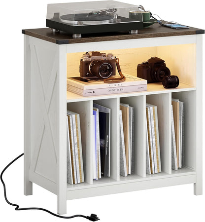 Large Record Player Stand with Charging Station & LED Light, Vinyl Record Holder Hold up to 300 Albums, Farmhouse End Table for Bedroom, Living Room, Antique White