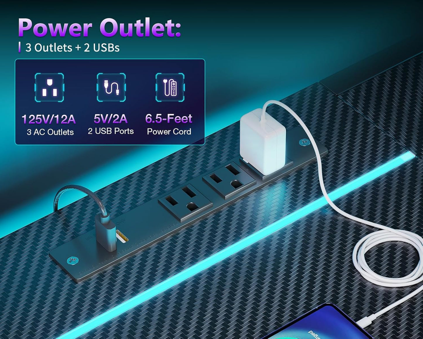 45 Inch L Shaped Gaming Desk with Power Outlet & LED Lights, Computer Table with Corner Desktop Showcase for CPU Stand, Display Storage Shelf, Carbon Fiber Surface, Black