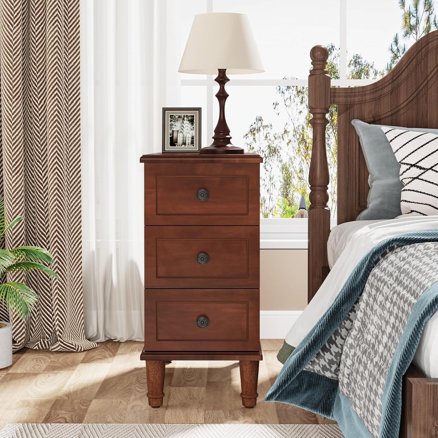 Solid Wood End Table, Fully Assembled Narrow Side Table with Drawers, Pre-Assembled Nightstand Slim Bedside Table for Small Spaces, Living Room, Bedroom, Walnut