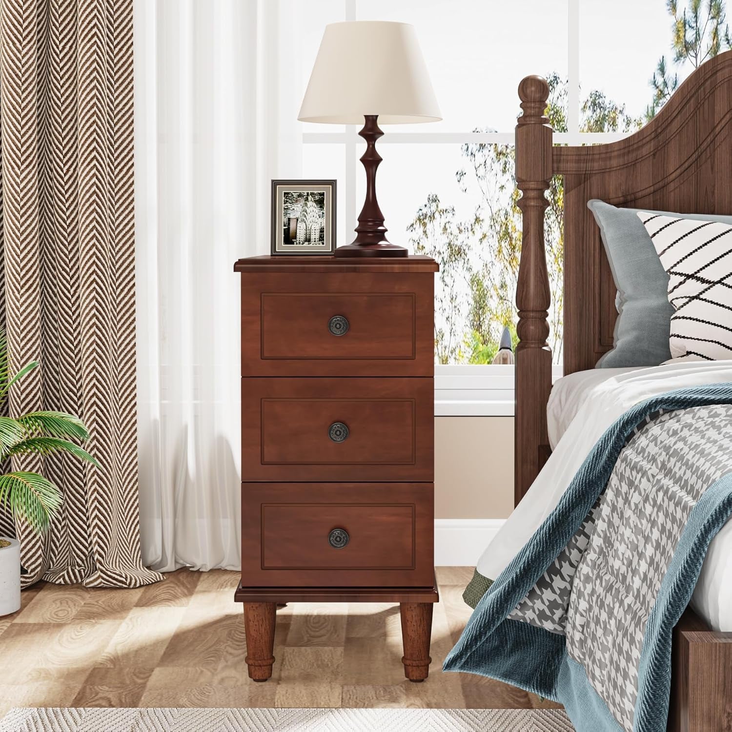 Solid Wood End Table, Fully Assembled Narrow Side Table with Drawers, Pre-Assembled Nightstand Slim Bedside Table for Small Spaces, Living Room, Bedroom, Walnut