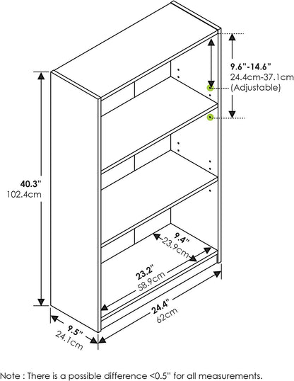JAYA Book Shelf, 3-Tier Bookshelf, Bookcase with Adjustable Shelves, 9.5 X 24.5 X 40.3, for Living Room, Bedroom, Home Office, Blackwood