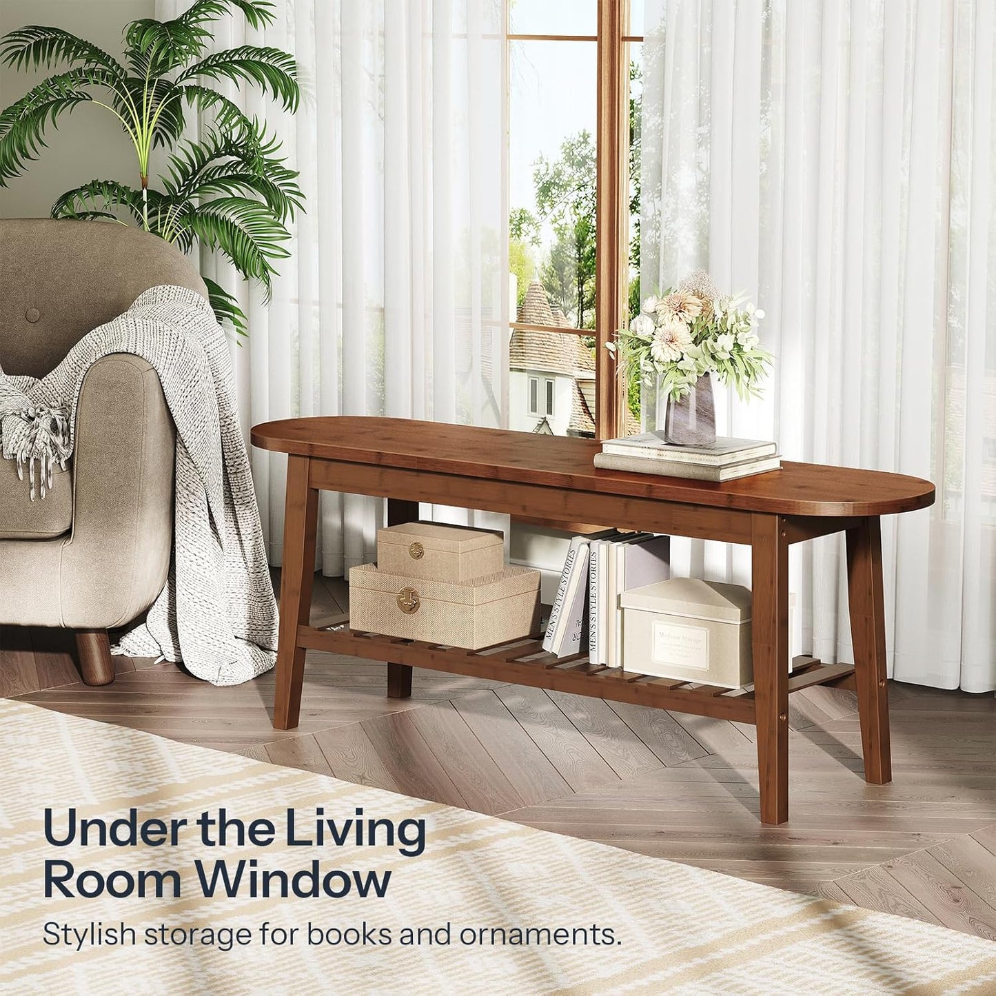 Dining Bench, 2-Tier Bamboo Farmhouse Entryway Bench, Indoor Storage Wooden Bench for Living Room, Dining Room, Hallway, Bedroom, Entryway, Bathroom, Brown BR06CD01