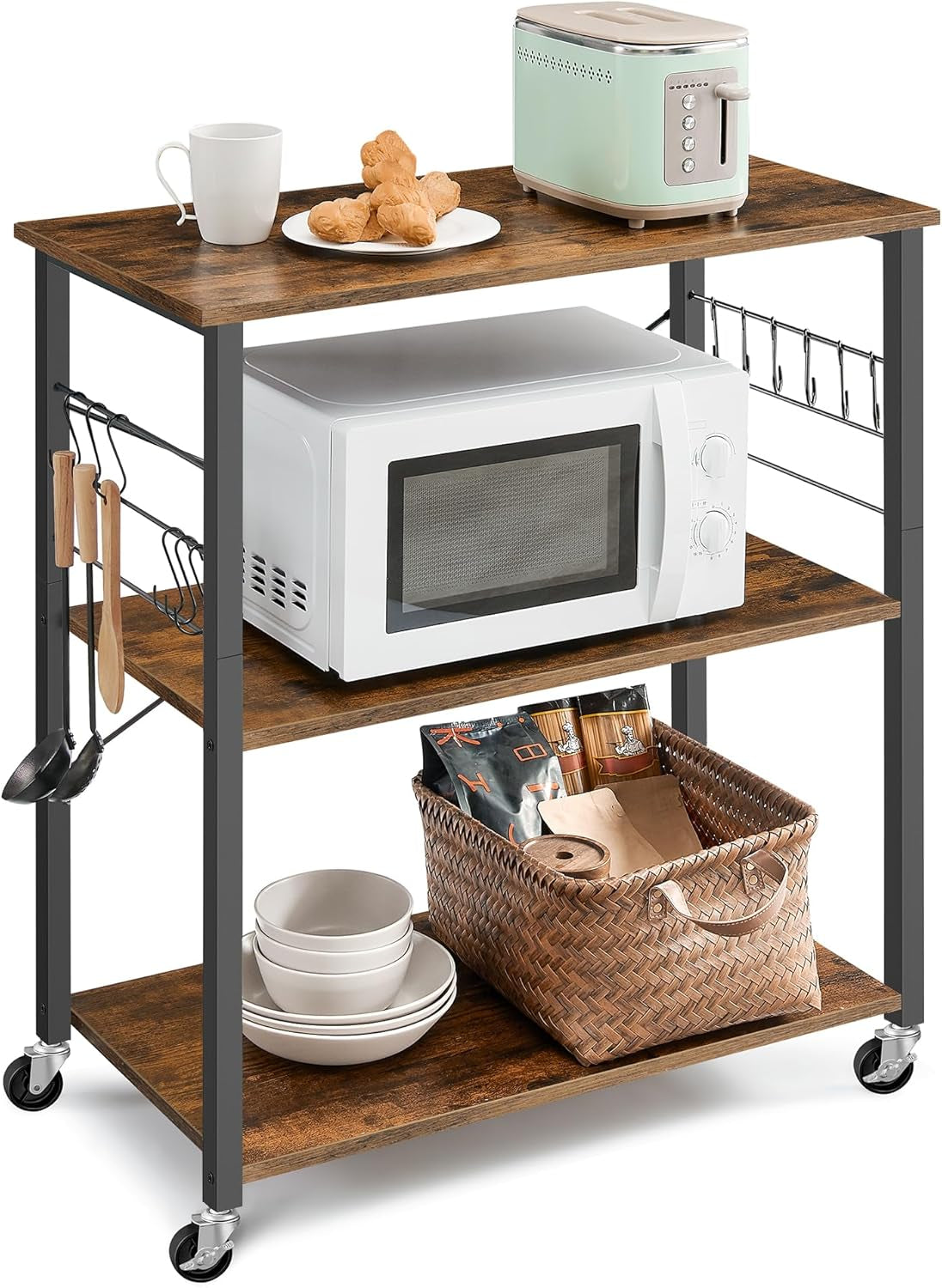 Kitchen Shelf on Wheels, Serving Cart with 3 Shelves, Kitchen Cart, Microwave Shelf, for Mini Oven, Toaster, with 6 Hooks, Industrial Style, Rustic Brown and Black UKKS067K01