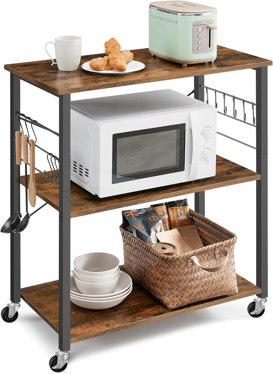 Kitchen Shelf on Wheels, Serving Cart with 3 Shelves, Kitchen Cart, Microwave Shelf, for Mini Oven, Toaster, with 6 Hooks, Industrial Style, Rustic Brown and Black UKKS067K01