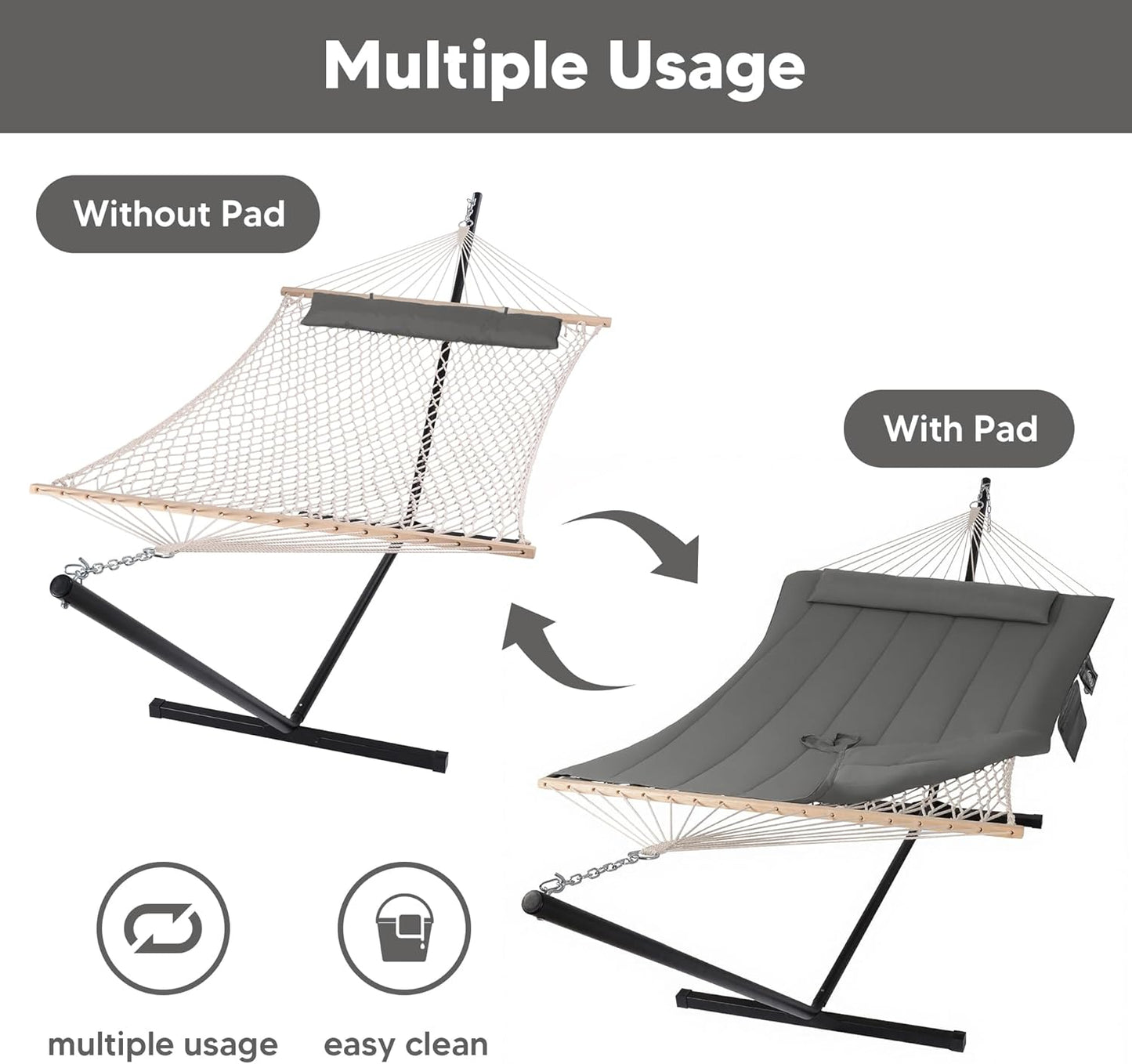 Double Outdoor Hammock with Stand, Carrying Bag, Two Person Cotton Rope Hammock with Polyester Pad, Dark Gray