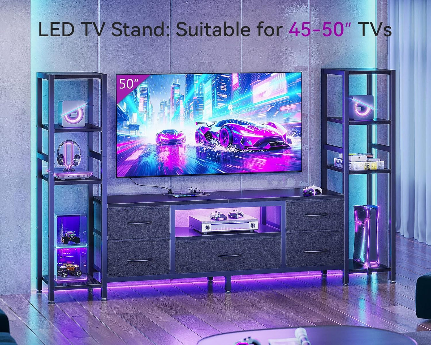 TV Stands for 43-50 Inch TV, Entertainment Center with LED Lights & Power Outlets for Tvs up to 55 Inch, TV Stand Living Room with 5 Fabric Drawers, TV Console Cabinet for Bedroom, Black